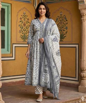 grey and white pure cotton anarkali gathered or pleated kurta set 1