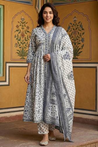 Anouk grey and white pure cotton anarkali gathered or pleated kurta set