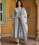 Anouk grey and white pure cotton anarkali gathered or pleated kurta set