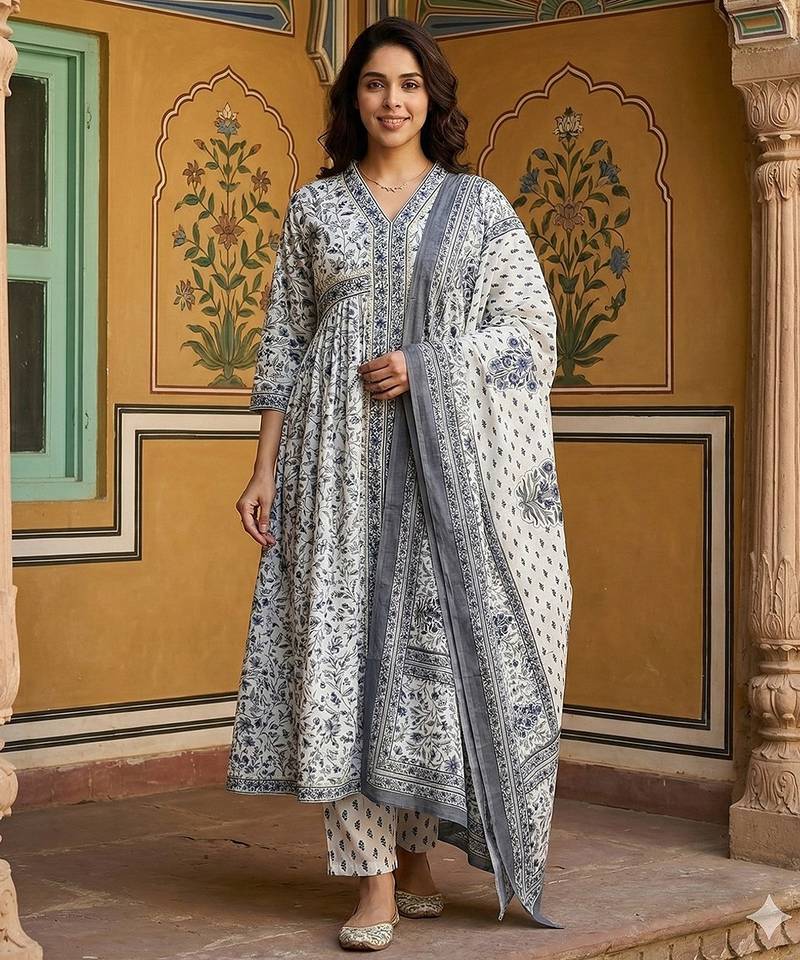 Anouk grey and white pure cotton anarkali gathered or pleated kurta set