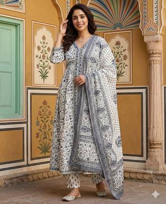 grey and white pure cotton anarkali gathered or pleated kurta set 2