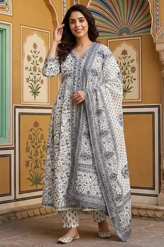 grey and white pure cotton anarkali gathered or pleated kurta set