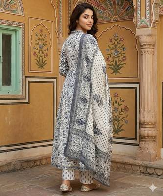 grey and white pure cotton anarkali gathered or pleated kurta set 3