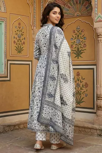 grey and white pure cotton anarkali gathered or pleated kurta set