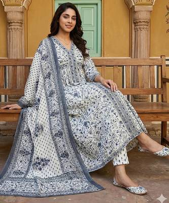 grey and white pure cotton anarkali gathered or pleated kurta set 5