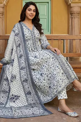 grey and white pure cotton anarkali gathered or pleated kurta set