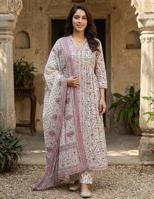 purple and white pure cotton anarkali gathered or pleated kurta set 1