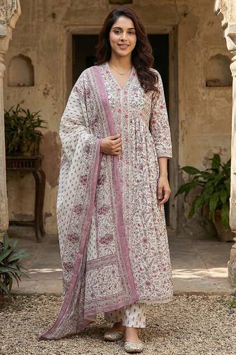 Anouk purple and white pure cotton anarkali gathered or pleated kurta set