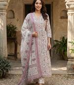 Anouk purple and white pure cotton anarkali gathered or pleated kurta set