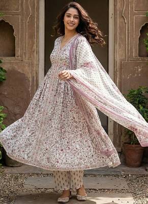 purple and white pure cotton anarkali gathered or pleated kurta set 2