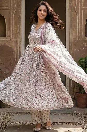 purple and white pure cotton anarkali gathered or pleated kurta set