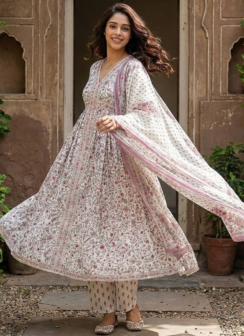 Anouk purple and white pure cotton anarkali gathered or pleated kurta set