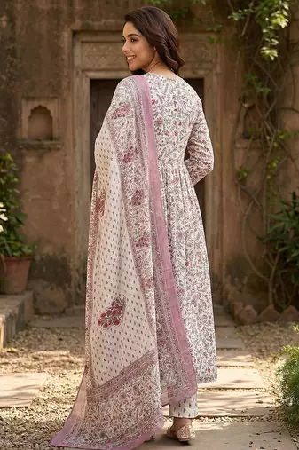 purple and white pure cotton anarkali gathered or pleated kurta set