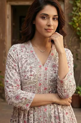 purple and white pure cotton anarkali gathered or pleated kurta set