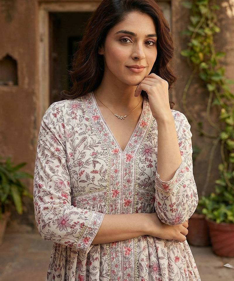 Anouk purple and white pure cotton anarkali gathered or pleated kurta set