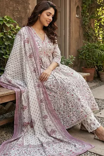 purple and white pure cotton anarkali gathered or pleated kurta set