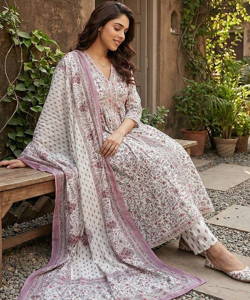 Anouk purple and white pure cotton anarkali gathered or pleated kurta set