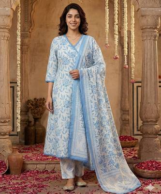 blue and white pure cotton anarkali angrakha kurta set 1