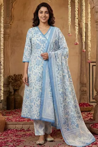 Anouk blue and white pure cotton anarkali angrakha kurta set