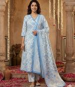 Anouk blue and white pure cotton anarkali angrakha kurta set