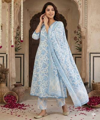 blue and white pure cotton anarkali angrakha kurta set 2
