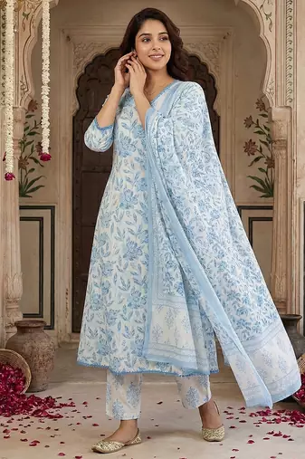 blue and white pure cotton anarkali angrakha kurta set