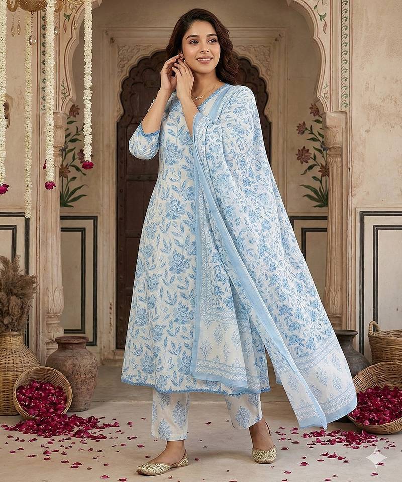 Anouk blue and white pure cotton anarkali angrakha kurta set