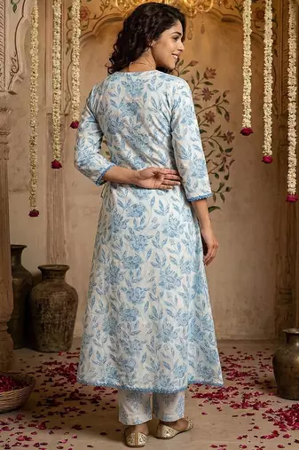 blue and white pure cotton anarkali angrakha kurta set