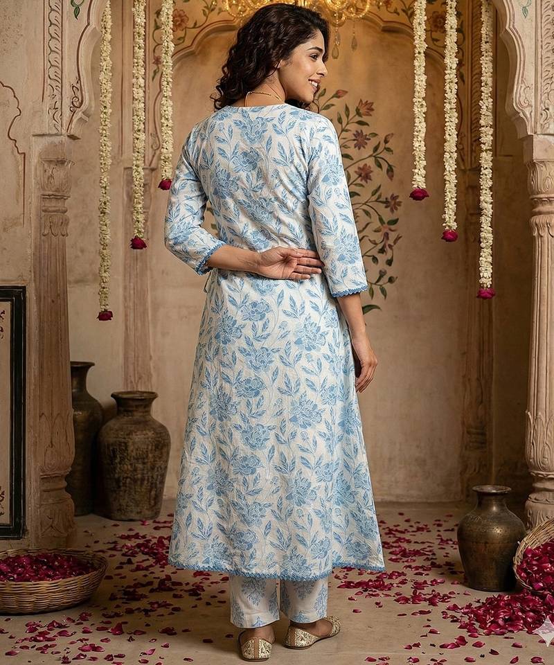 Anouk blue and white pure cotton anarkali angrakha kurta set