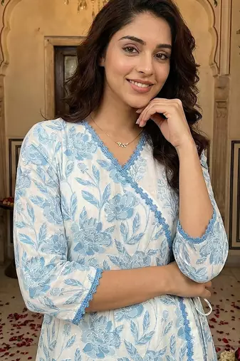 blue and white pure cotton anarkali angrakha kurta set