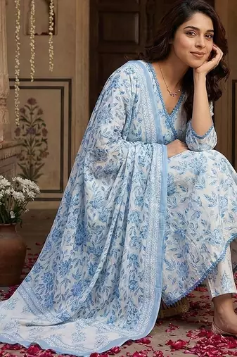 blue and white pure cotton anarkali angrakha kurta set