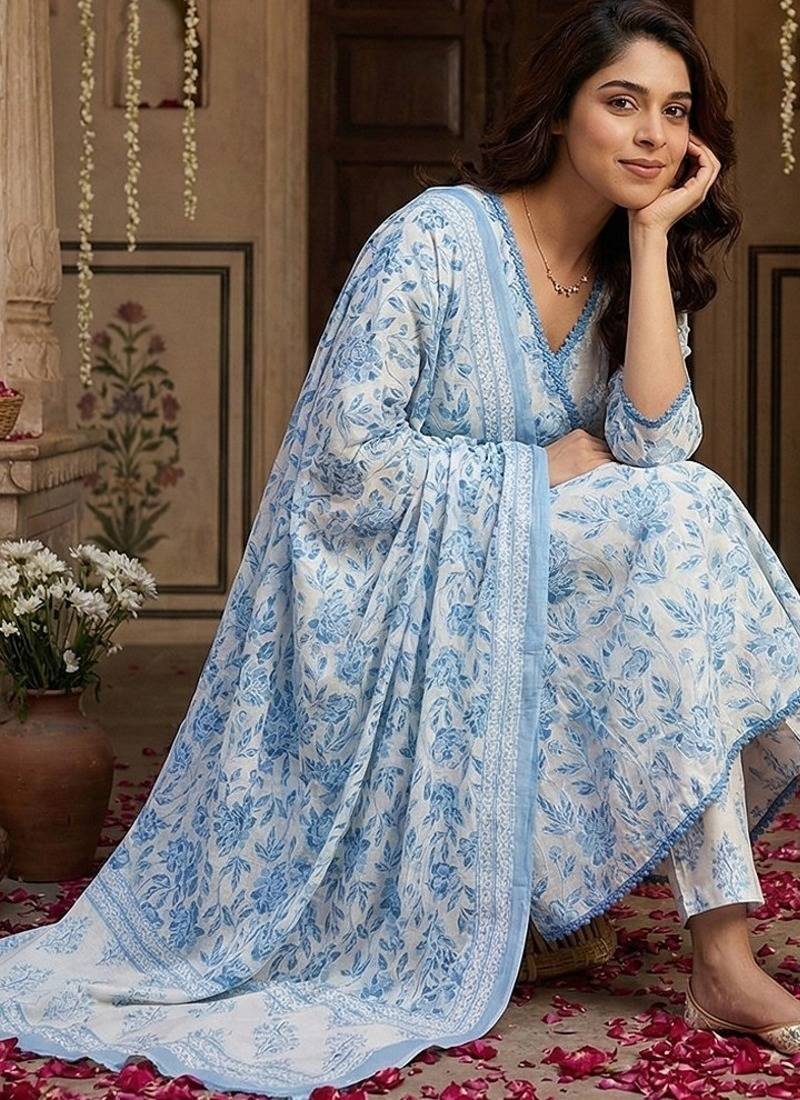 Anouk blue and white pure cotton anarkali angrakha kurta set