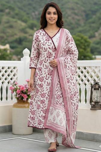 Anouk brown and white pure cotton anarkali angrakha kurta set