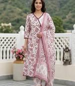 Anouk brown and white pure cotton anarkali angrakha kurta set