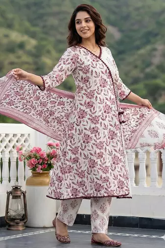 brown and white pure cotton anarkali angrakha kurta set
