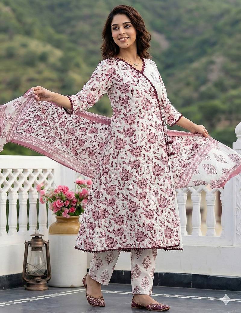 Anouk brown and white pure cotton anarkali angrakha kurta set