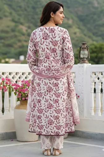 brown and white pure cotton anarkali angrakha kurta set