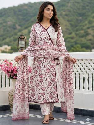 brown and white pure cotton anarkali angrakha kurta set 5
