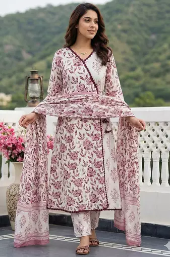 brown and white pure cotton anarkali angrakha kurta set