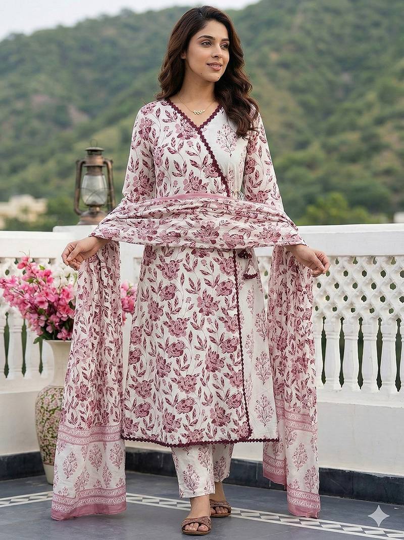 Anouk brown and white pure cotton anarkali angrakha kurta set