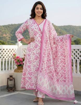 pink and white pure cotton anarkali angrakha kurta set 1