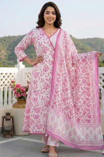 Anouk pink and white pure cotton anarkali angrakha kurta set