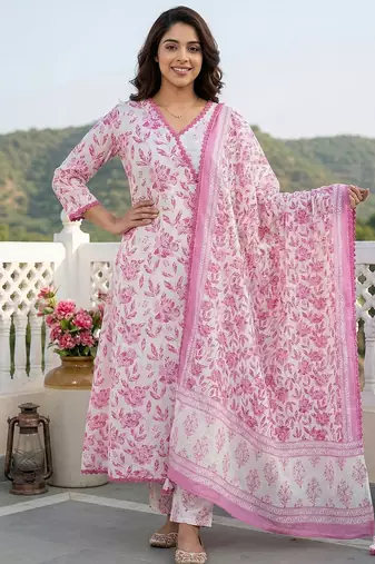Anouk pink and white pure cotton anarkali angrakha kurta set