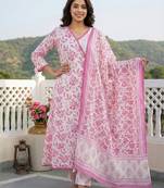 Anouk pink and white pure cotton anarkali angrakha kurta set