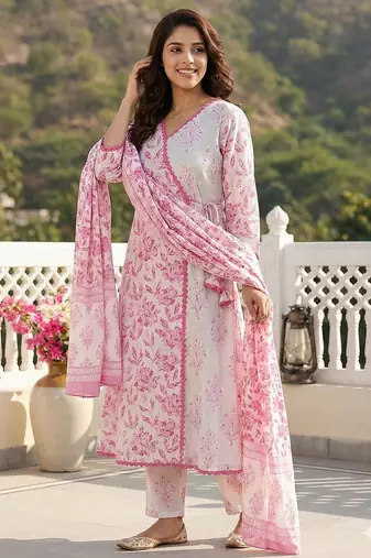 pink and white pure cotton anarkali angrakha kurta set