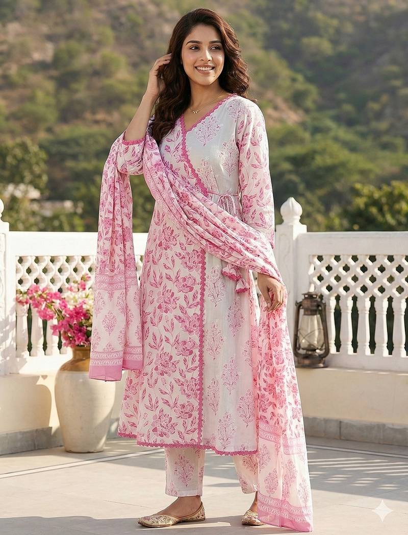Anouk pink and white pure cotton anarkali angrakha kurta set