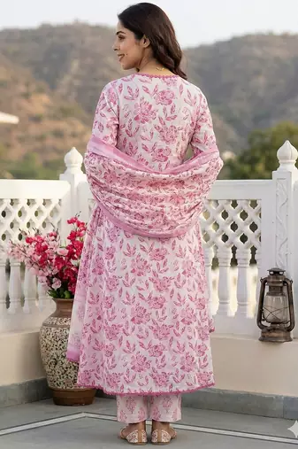 pink and white pure cotton anarkali angrakha kurta set