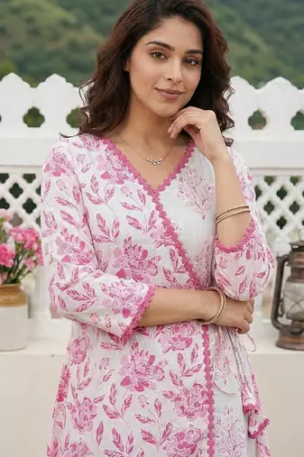 pink and white pure cotton anarkali angrakha kurta set