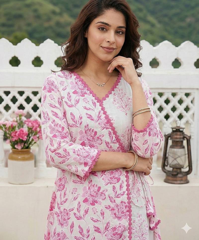 Anouk pink and white pure cotton anarkali angrakha kurta set
