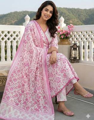pink and white pure cotton anarkali angrakha kurta set 5